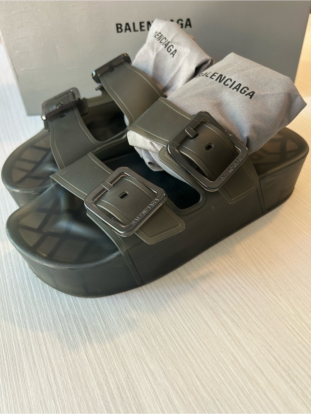 Balenciaga Sheer Black Platform Double-Buckle Rubber Slides